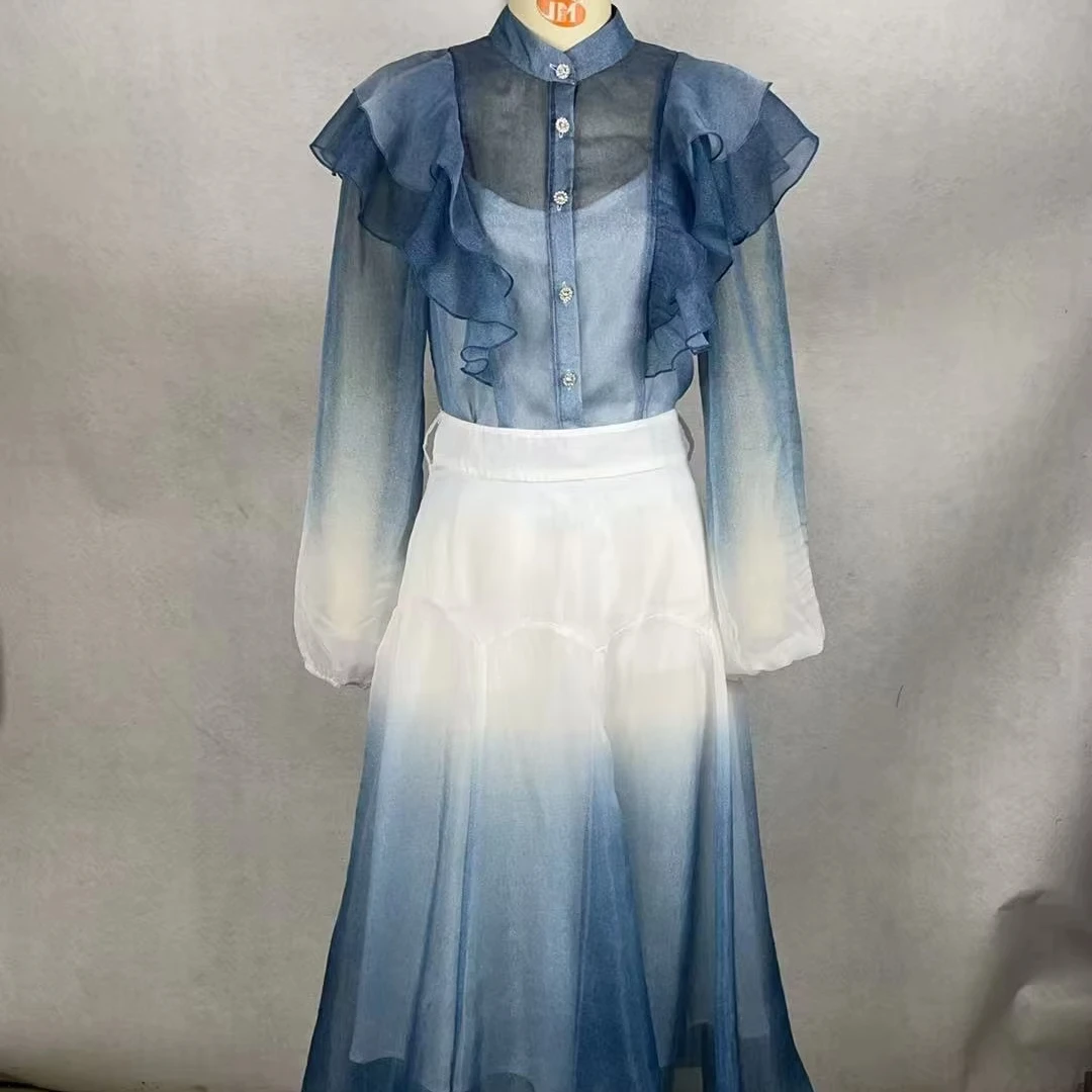 Ladies Gradient Sheer Lightweight Set Fashionable Short Top With Stand Collar Loose Fit - Image 1