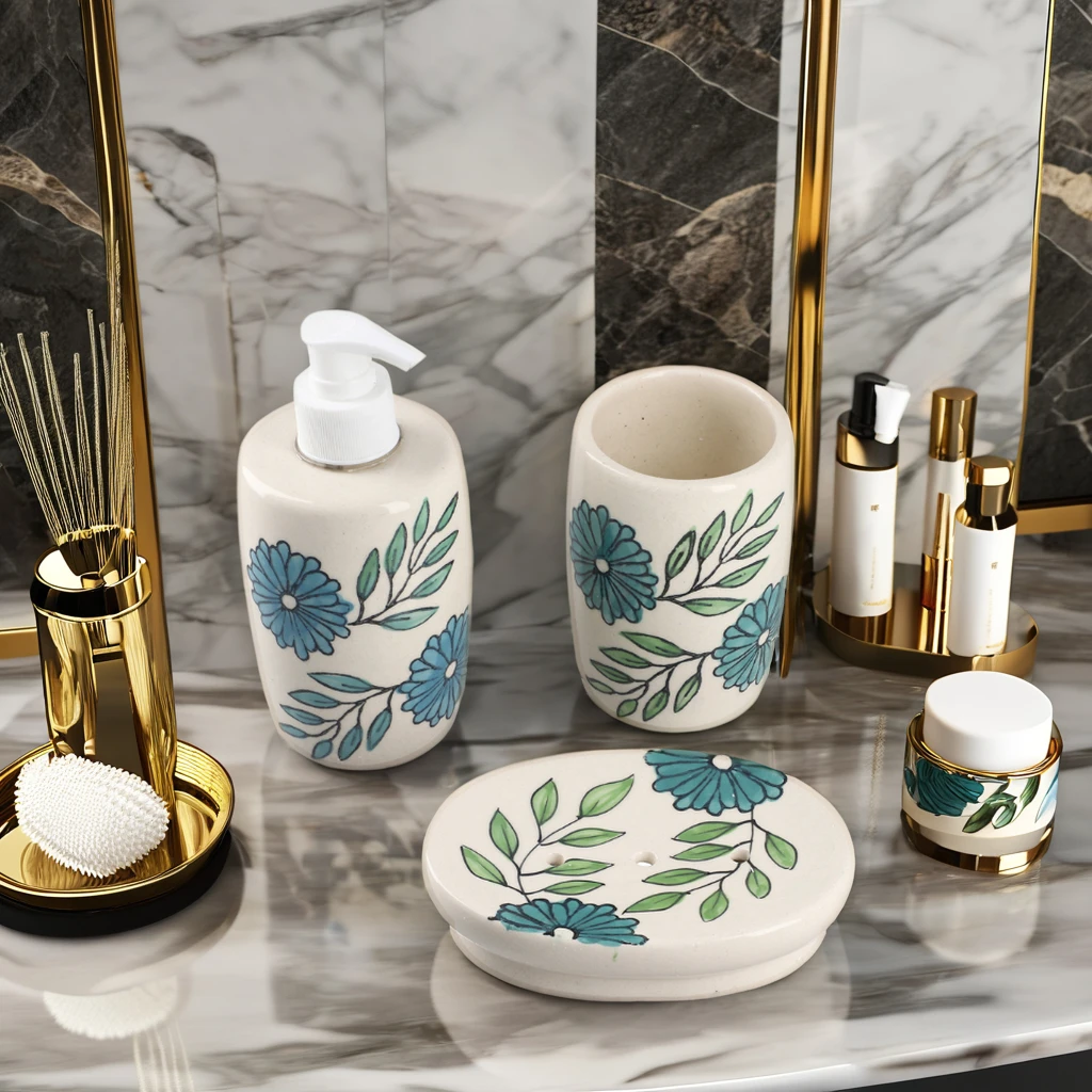 High Quality Hand-Painted Rainbow Pattern Spray Dot 3 Piece Bathroom Set Ceramic Bathroom Accessories Set for Home Hote