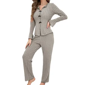 European American Cross-border Fashion Outfit Women Casual Bow Long-Sleeved Trousers Two-Piece Pajamas Suit