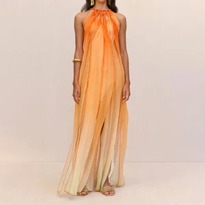 ZYHT 73992 High End Summer Beach Sleeveless Women Chiffon Orange Straps Flow Women Party Club Maxi Dress