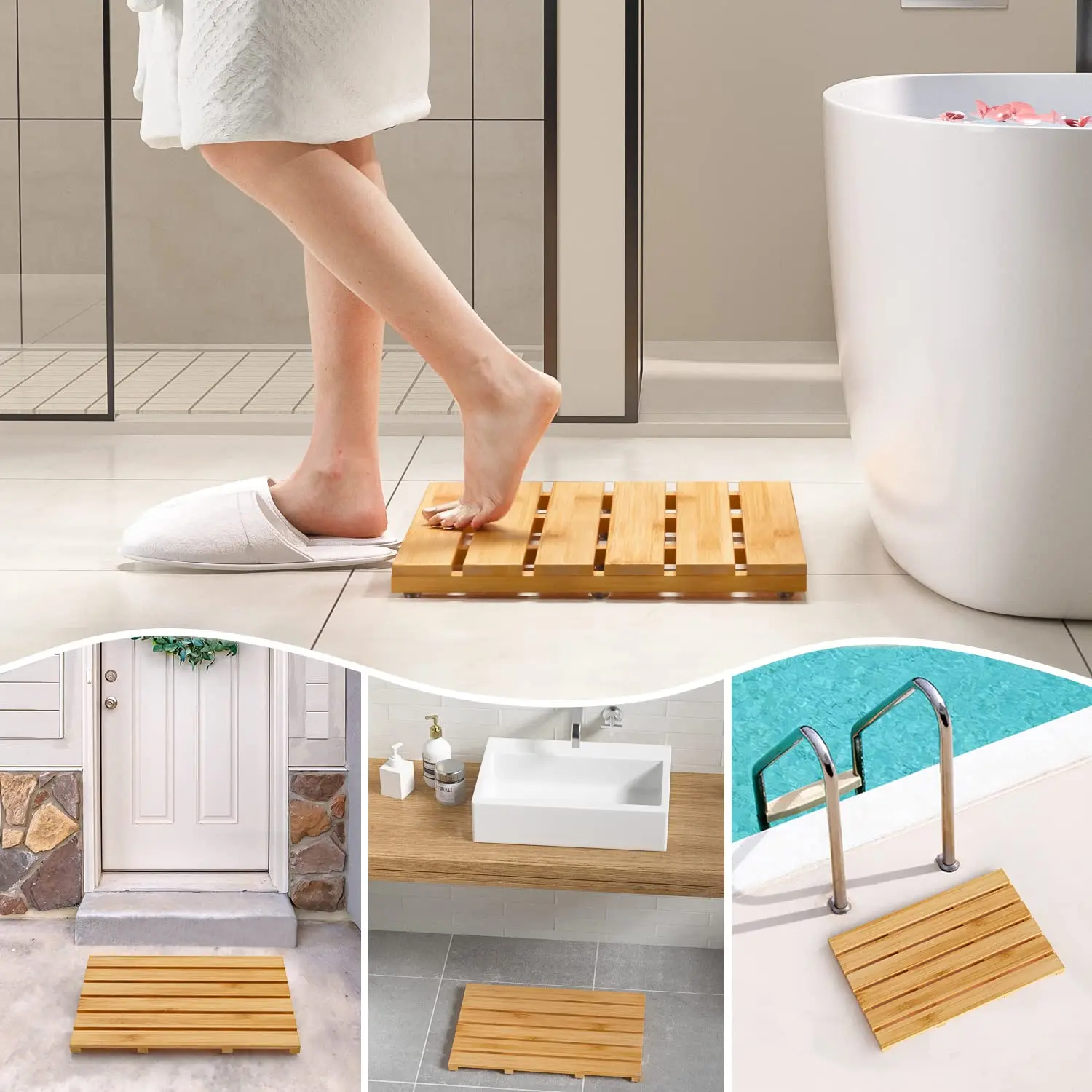Hostk Bathroom Bamboo Shower Mat Non Slip Waterproof Wooden Bath Mats