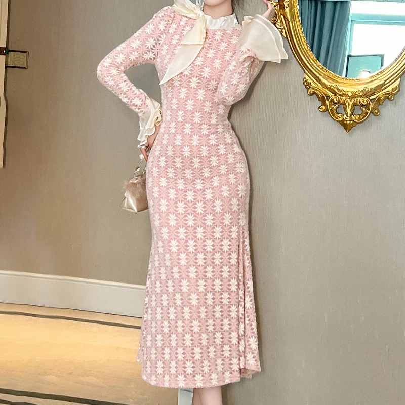 ZYHT 11365 French Style Women Elegant Long Casual Winter Clothes Long  Sleeve Bodycon Prom Pink Sunflower Dresses for Ladies