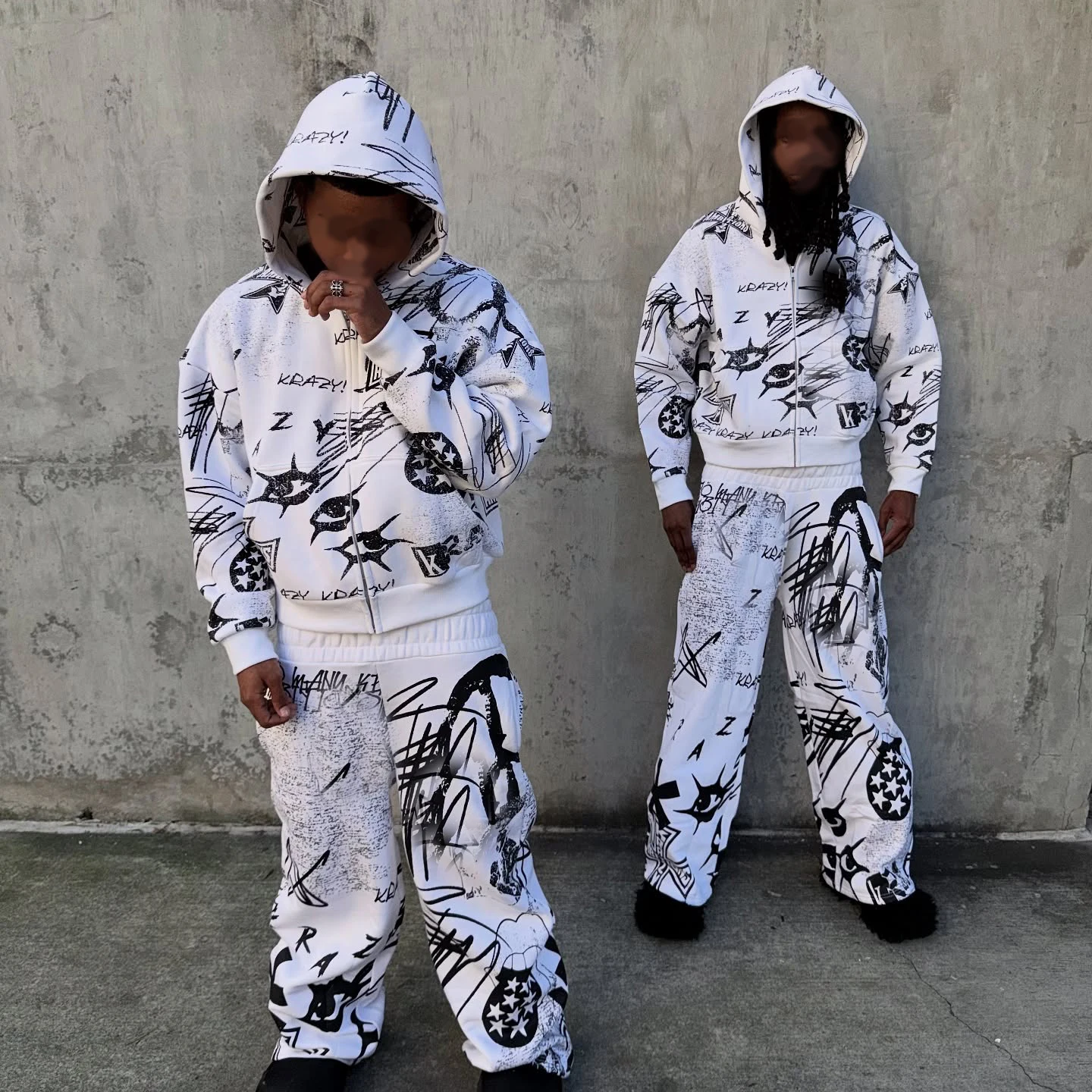 Salati ODM Custom Vintage Print Set Heavyweight Cotton Zip Hoodie Oversized Loose Low-Rise Street Sportswear Pants Tracksuit gallery 3