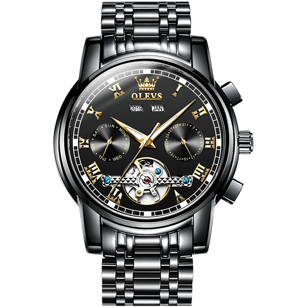 Olevs 6607 Fashion Sports Waterproof Automatic Moon Business Watch Reloj Mechanical Watches Luxury Tourbillon Mens Wrist Watches