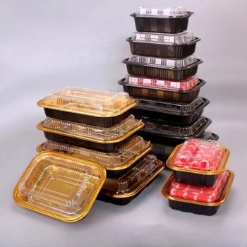 Disposable Plastic Sushi Tray with Transparent Lid Gold Bottom Takeout Food Packaging Container for Sushi Meat Roll Bakery Use