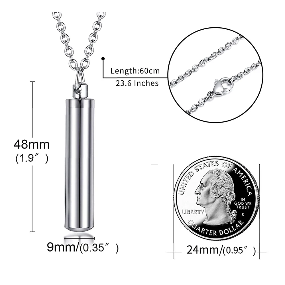 Simple Silver Color Cylinder Cremation Urn Necklace for Ashes Memorial Pendant Stainless Steel Keepsake Jewelry to Women Men
