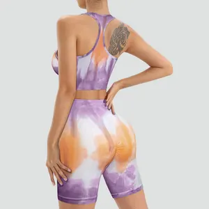High Waist and Elastic Fitness Sports Contrasting Orange and Purple Tight Fitting Butt Lifting Yoga Sets with Bras and Shorts