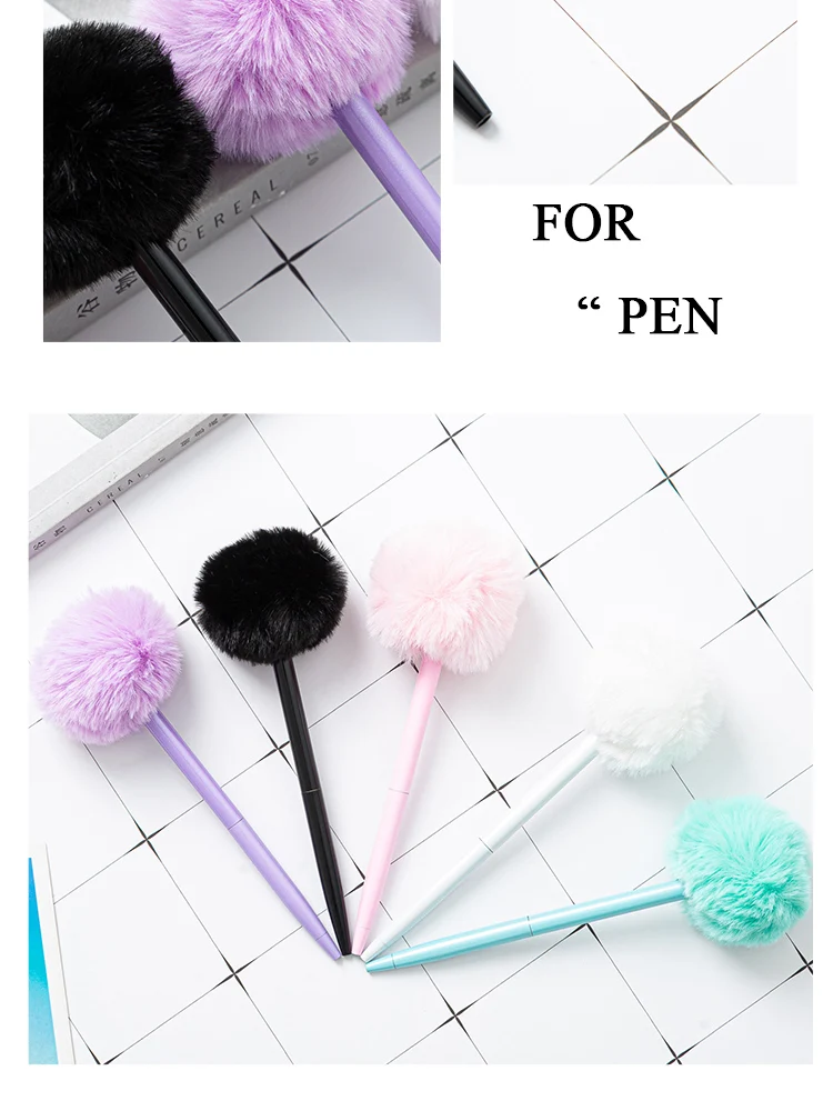 Kawaii Cute Customized Pen Bow Pom Pom Shape Plush Pen Stationery Fancy Ballpoint Pen For Gift