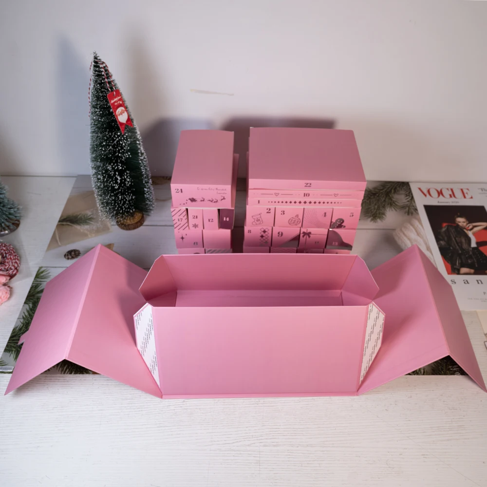 product high end silver stamping customized logo double door valentines day magnetic closure pink calendar blind gift box-7
