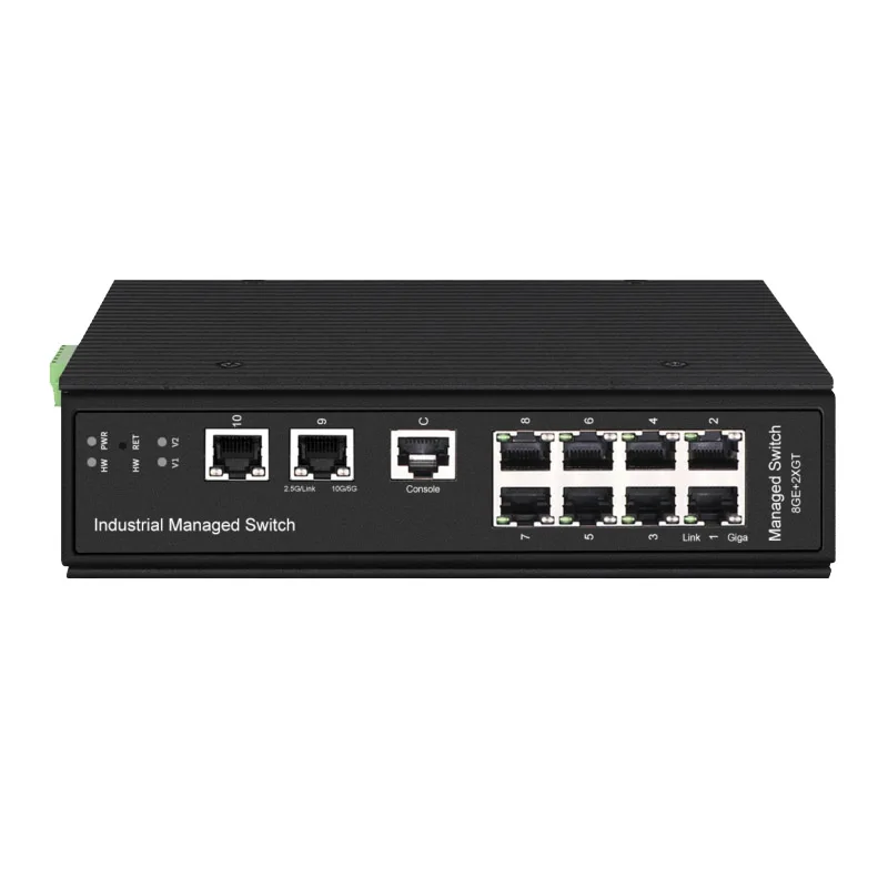 Comutator Gestionat L3 PoE cu 8 Porturi, 2 Uplink-uri RJ45 de 10G pe Rail DIN