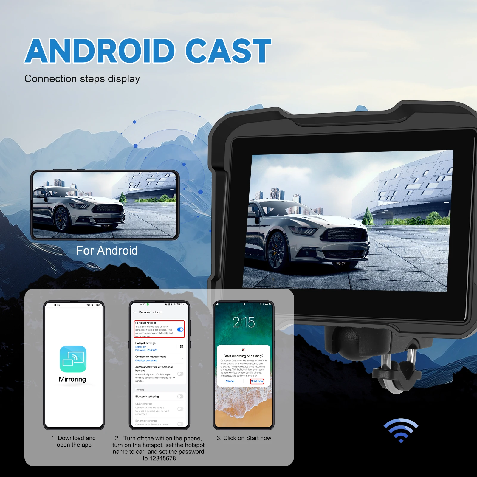 android auto monitor ip67 waterproof for motorcycle support airplay android cast bt a3910-3