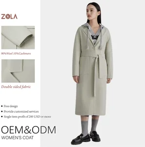 Women's Handmade Woolen Cashmere Eco-Friendly Winter Coat with Belt Long Casual Outerwear Featuring Decorated Pockets
