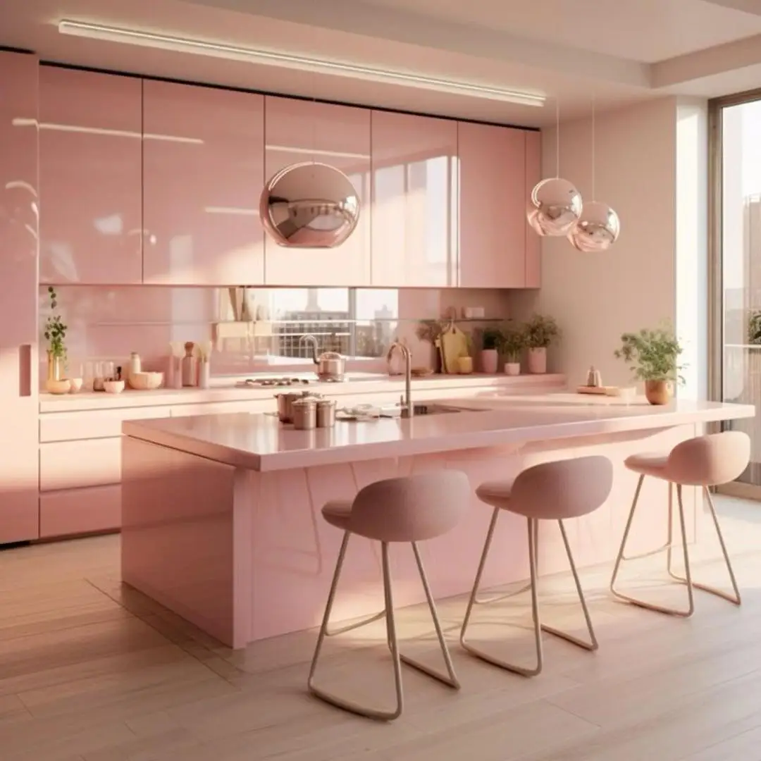 Hot Selling Sweet style Lacquer High Glossy Modular Kitchen Cabinet Pink Color Door