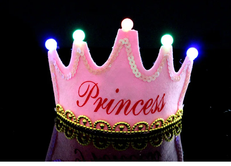 New LED Light up Felt Birthday Hats Princess King Happy Birthday Crown Hat Birthday Party Hat for Kids and Adults