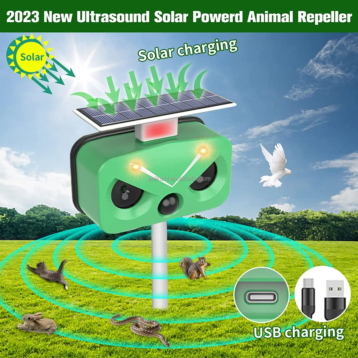 SAIJZEK New Design IP66 solar powered ultrasonic Dog/Bird/Fox/Monkey marten repeller ROHS Animal Repeller effective cat repel details