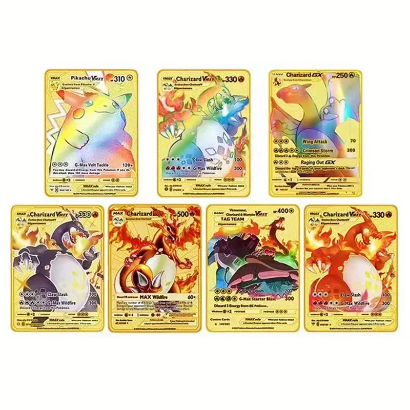 Fast Shipping Custom New Trading Cards Game Charizard Pikachu Vmax GX Gold Card Metal Popular Pokemoned Playing Cards