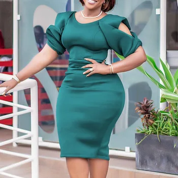 African Plus Size Eco-Friendly Casual Spring Bodycon Round Neck Short Sleeved Spandex/Polyester Women's Hip Hugging Dress