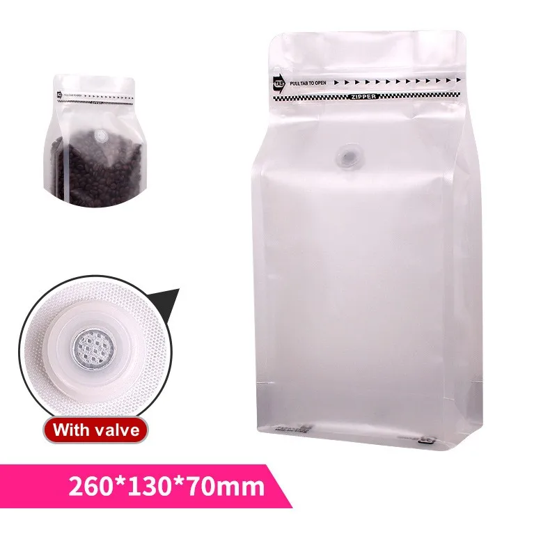 Custom Plastic Matte Frosted Transparent Clear Flat Bottom Translucent Coffee Bean Bags Packaging 250G With Valve and Zipper