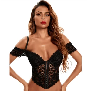 Adjustable Straps Black Women Corset Lace Bustier With Sleeves