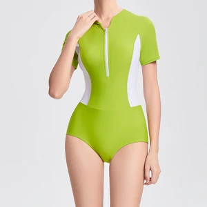 Women's Sexy Casual One Piece Swimsuit with Zippered Short Sleeves Beachwear Patchwork Pattern Waterproof Beachwear