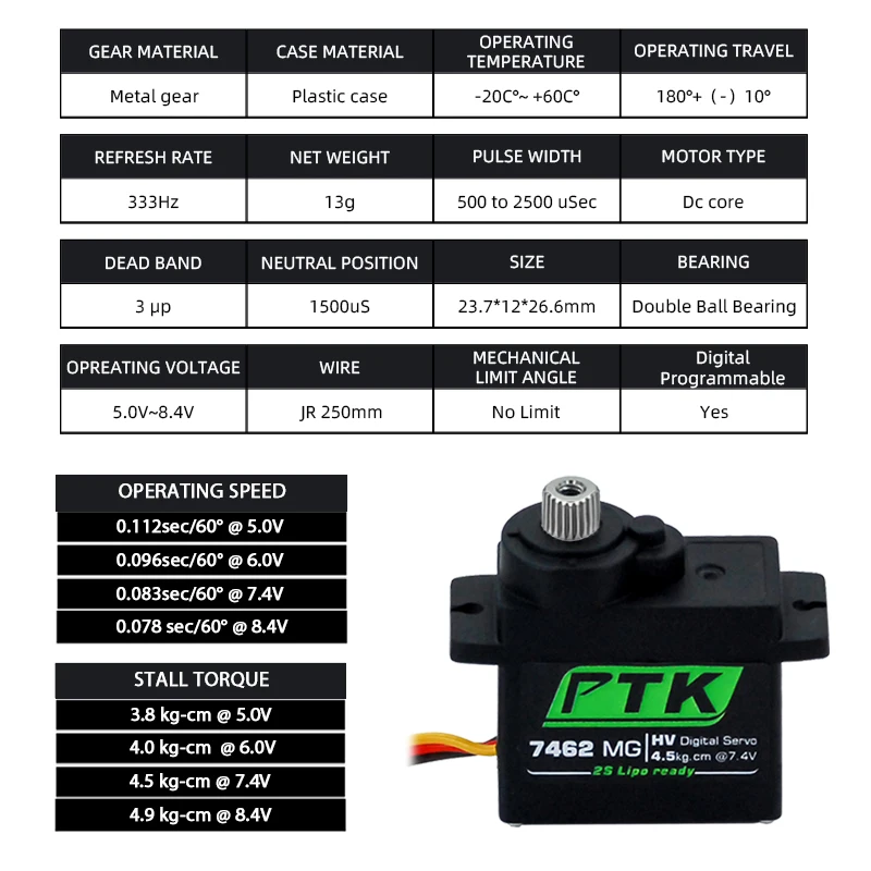 PTK 7462 MG 9g Micro Servo 5KG Metal Gear 180° Digital Servo 1/8