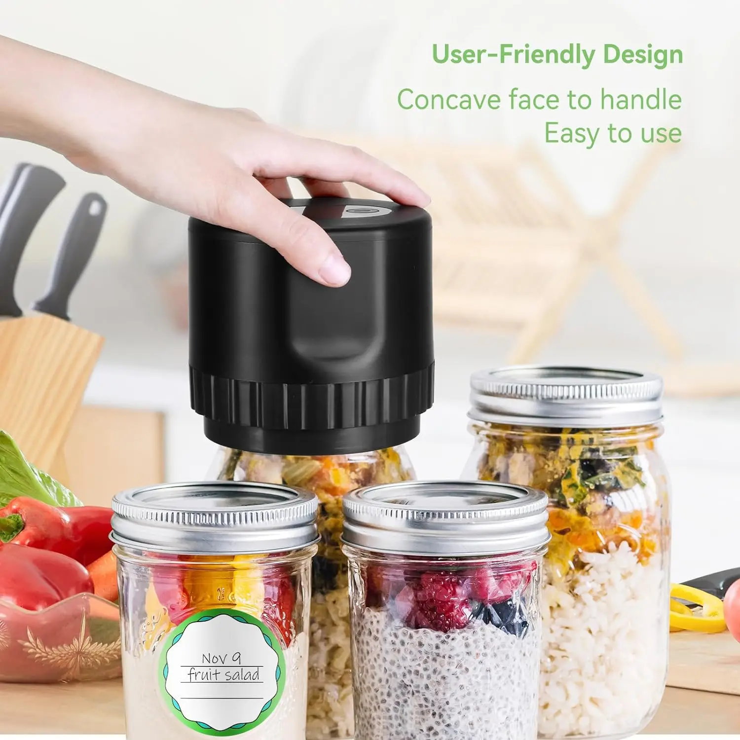 Kit de scellage sous vide électrique Mason Jar - Machine à sceller rechargeable pour bocaux Mason larges et réguliers - Conservation des aliments