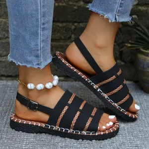 Large Size Flat Sandals for Women Summer Outdoor Open Toe Comfortable Casual Woven Slip-On Rubber Outsole Sporty Wholesale