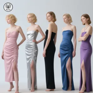 Wholesale Elegant Summer Satin Ruffle With Strapless Neckline Casual Princess Sleeveless Evening Gown Midi Dress