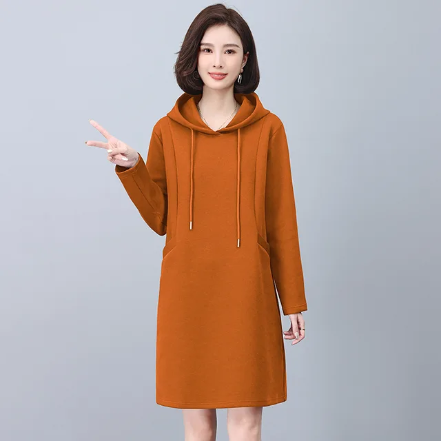 Hooded Sweater Dress 2024 autumn new Simplicity generous Cover the flesh and appear thin Solid color Medium and long styles