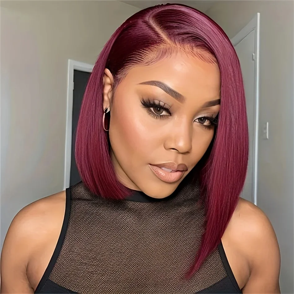 Kurze Bob Perücke Echthaar Perücken für Frauen Burgund 13x4 Spitze vorne 99J brasilianischen Pre gezupft_voghion.com
