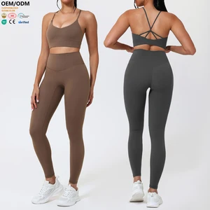 XW-TZ523-1 Hot Selling Fitness Cross Back Sports Bra Leggings Custom Elastic Waist Gym Clothing Chest Pad 2 Piece Yoga Wear Set