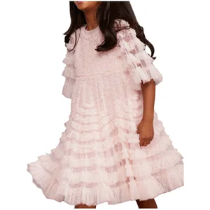 Customized Girls Kids Sweet Evening Dress Children's Summer Tulle Layered Short Sleeve Party Dress