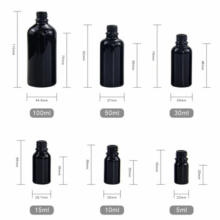 10ml 15ml 20ml 30ml 50ml 100ml Round Shoulders Black Luxury  Glass Screw Cap Essential Oil Bottle  Black Dropper Glass Bottle