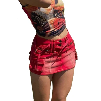 Summer Ladies Hot Wrap Short Skirt Vintage OEM Custom Patchwork Red Cargo Pockets Fashion Fading Denim Mini Skirts