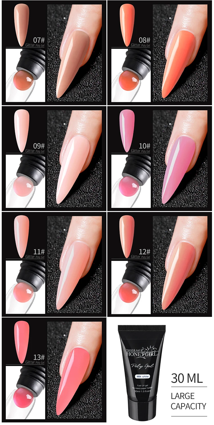 Factory Wholesale Clear 13 Colors 30ml Nail Art Extension Gel Soak Off Quick Acrylic Poly Gel Polish factory