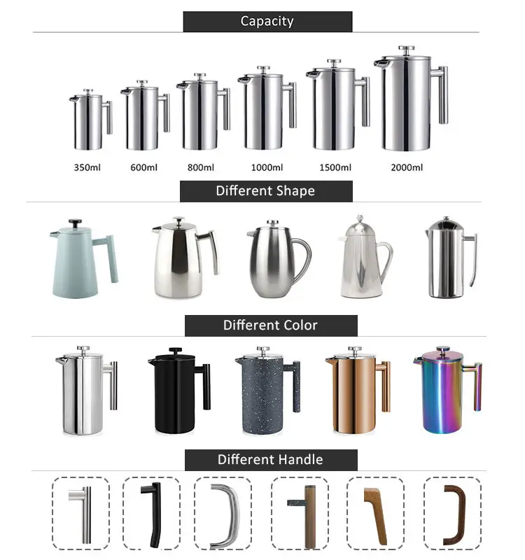In Stock 350/600/800/1000mWholesale Custom Heat Resistant Portable Manual French Press Coffee Maker Prensa Francesa details