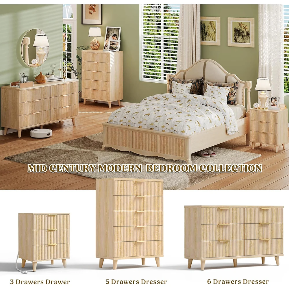 product nu deco wood 3 drawers dresser fluted night stand charging station storage modern side table bedside table bedroom entryway-2