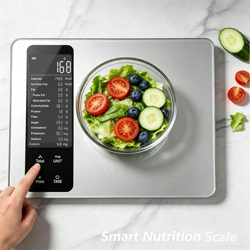 Højpræcist smart køkkenvægt med næringsanalyse, 5 kg/1 g, digital fødevarevægt med app til beregning af kalorier og næringsstofindhold