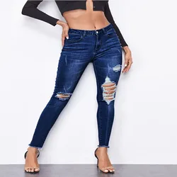 High Waist Stretch Ripped woman jeans skinny  sky blue  Cat's Whiskers light wash denim pants for women wholesale custom 2021