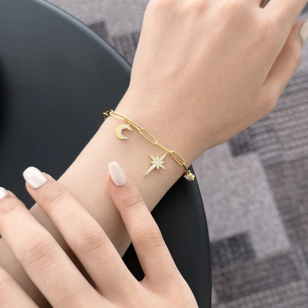 KAKODIY Exquisite Eight Point Star and Moon Chain Bracelet Adjustable Chain Shiny Cubic Zirconia Exquisite Women's Bracelet detail 2