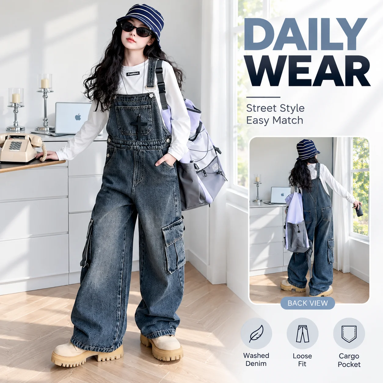 Fashion Korean-style Spring Autumn Girls' Loose Fit Wide Leg Denim Jeans Pants Detachable Overalls for Teen Girls
