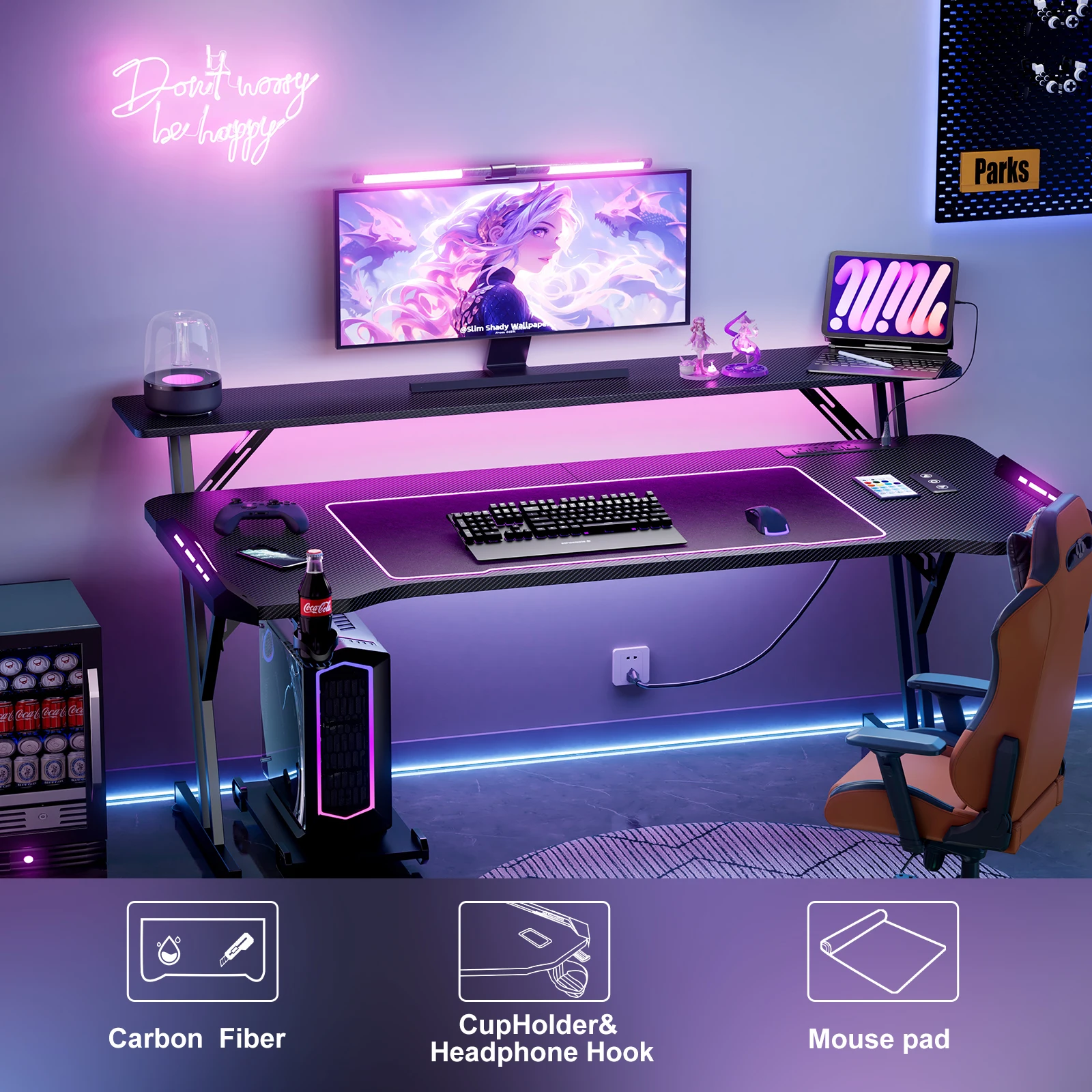 1.2/1.4/1.6M Ergonomic Computer PC Laptop LED Gamer Table Gaming Desk with LED RGB Atmosphere Lighting and Monitor Shelves