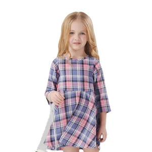 Custom Logo Kids Round Neck Long Sleeves Plaid Girls Dress
