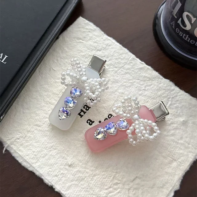 Handcrafted Fresh Rhinestone Hair Clip Sweet Cute Bow Bangs Clip Elegant Pearl Hairpin