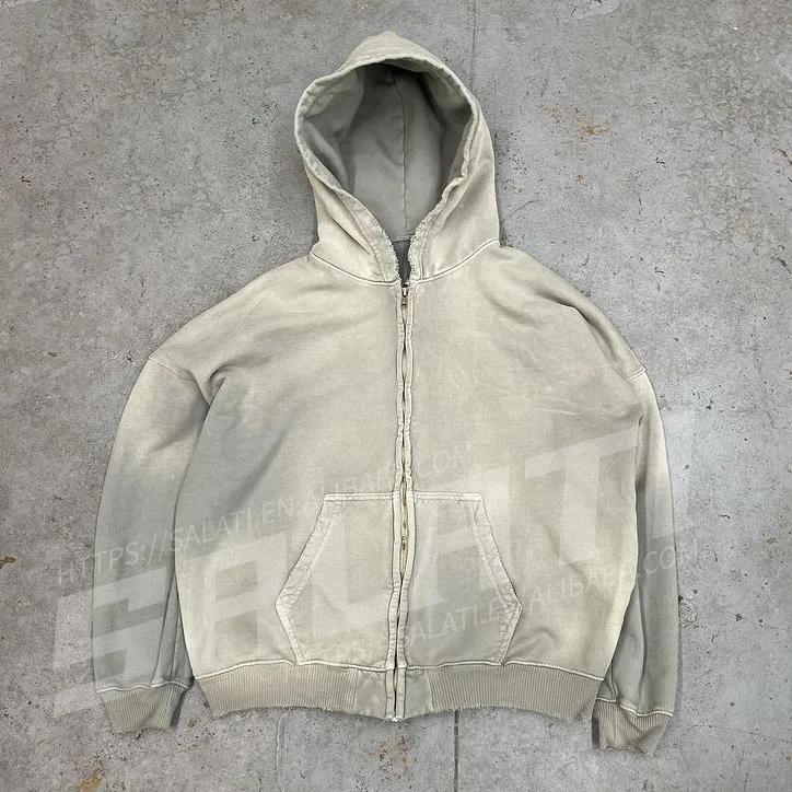 Custom Zipper Hoodie Jacket Cotton French Terry Sweatshirts Blank Full Zip up Vintage Acid Wash Distressed Hoodies for Men gallery 3