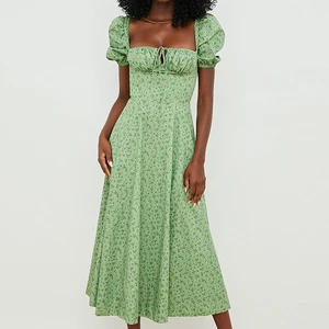Factory 2026 Green Square Neck Puff Sleeve Slit Summer Women Casual Floral Long Dresses