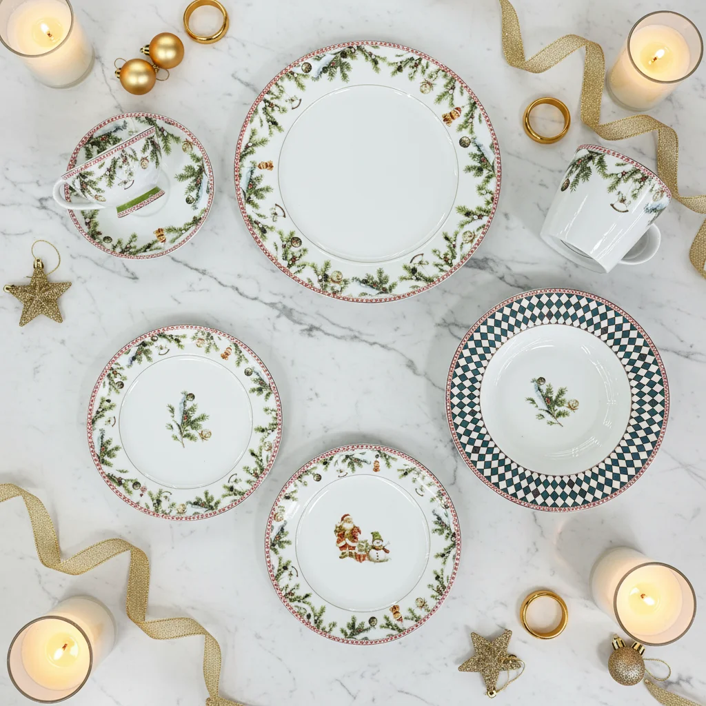 Christmas Pine & Santa Porcelain Plates, Cups & Mugs with Festive Greenery, Snowman Motifs & Checkered Borders Dinnerware Set