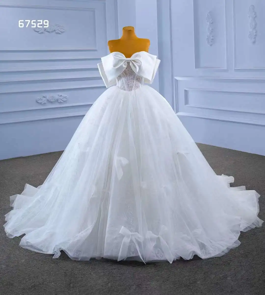 QUEENSGOWN Satin Bow Glitter Bow Dress Satin Long Train Luxury Embroidery Ivory Princess Wedding Dress QUEENSGOWN Satin Bow Glitter Bow Dress Satin Long Train Luxury Embroidery Ivory Princess Wedding Dress