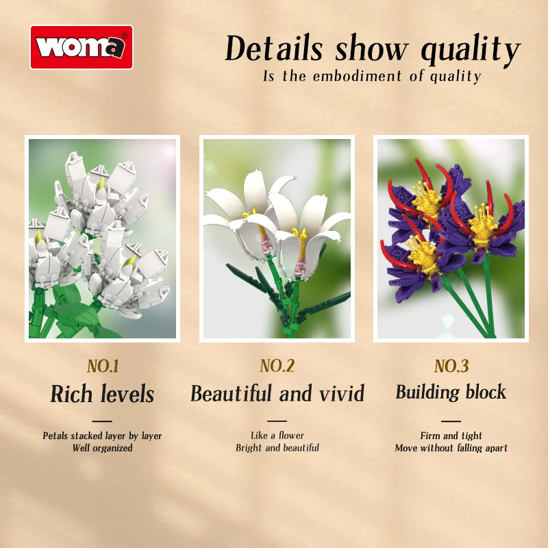 WOMA Factory ODM OEM 12 in 1 Bricks Flower Bouquet Kids Construction Block Flower Bricks Building Sets