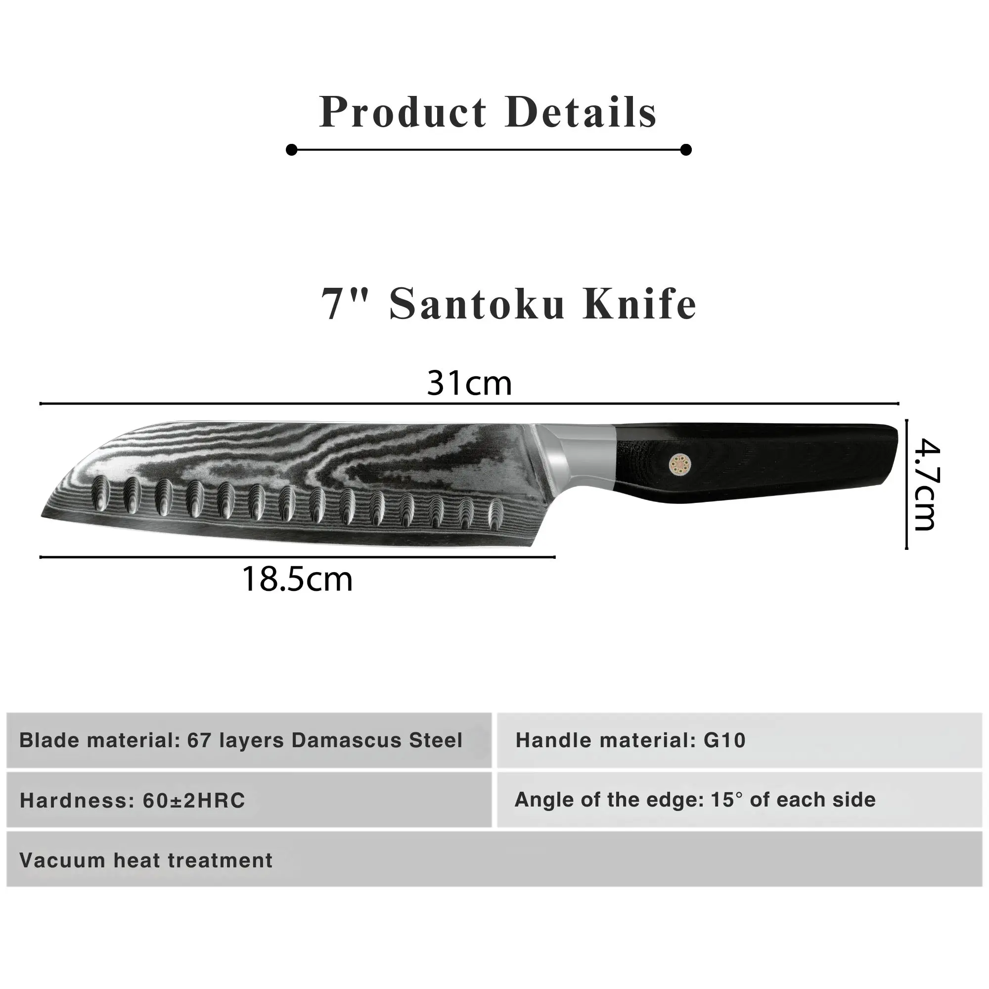 JJ 7" Santoku Knife Japanese 67 Layers Damascus Steel with Octagonal G10 Handle Custom Kitchen Knife